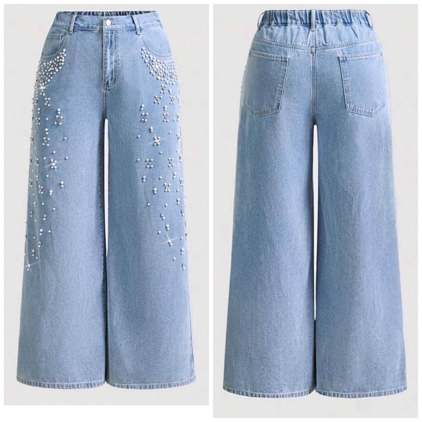 Plus Size Wide Leg Pearl Detail Jeans