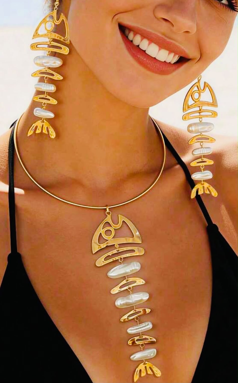 Fish Necklace Earring Set With Pearl
