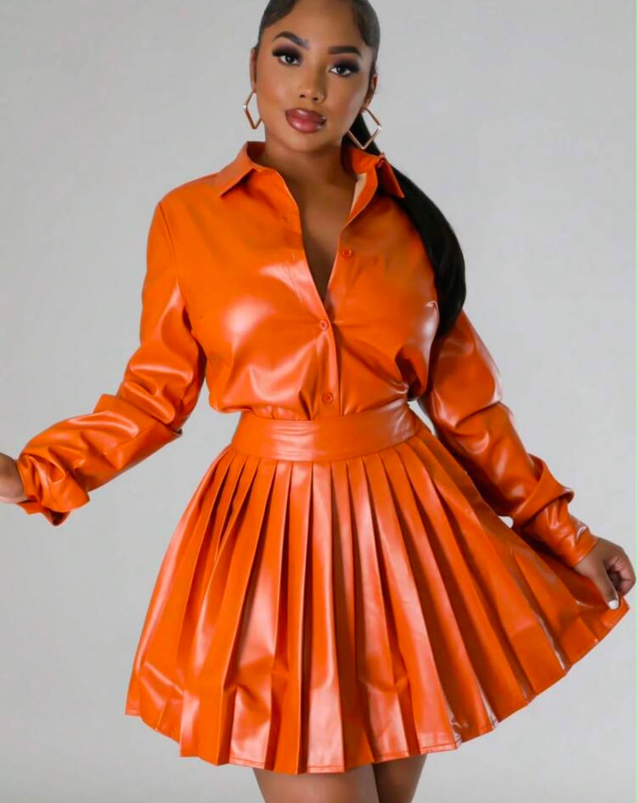 Women Two Piece Leather Skirt With Blouse