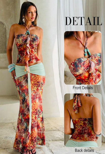 Halter Two Piece Maxi Skirt Set