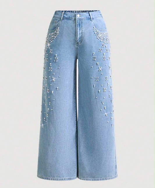 Plus Size Wide Leg Pearl Detail Jeans