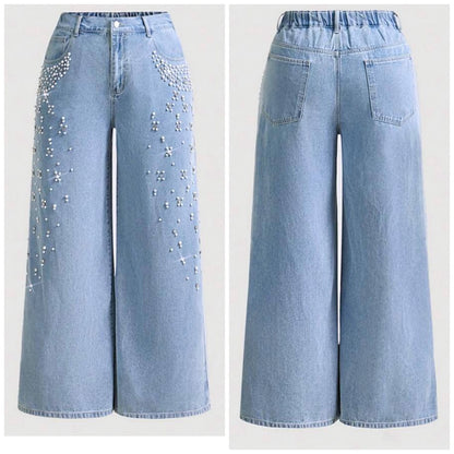 Plus Size Wide Leg Pearl Detail Jeans