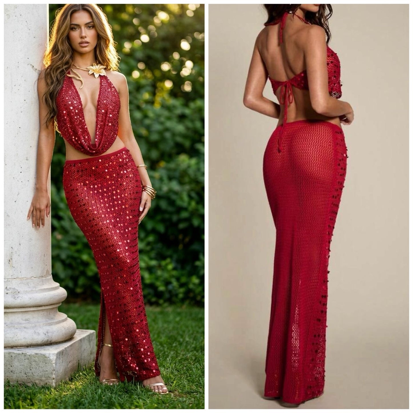 Two Piece Crochet Sequin Skirt Set