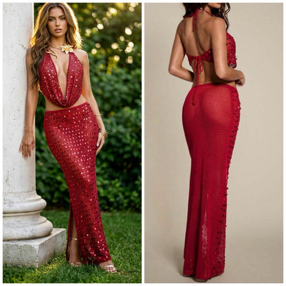 Two Piece Crochet Sequin Skirt Set