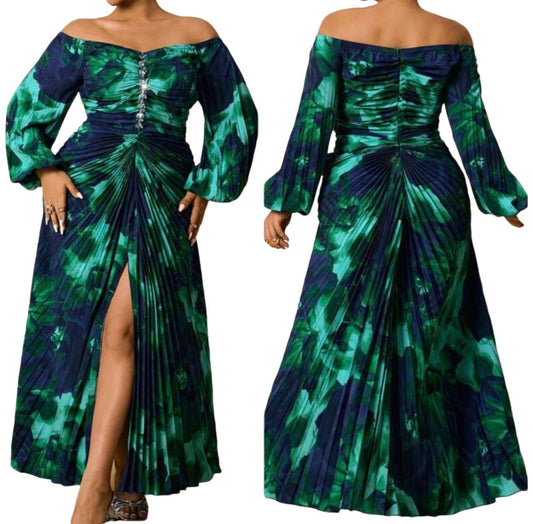 Off Shoulder Floral Pleated Dress
