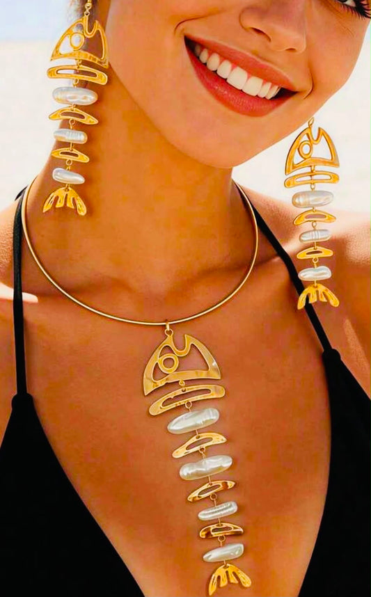 Fish Necklace Earring Set With Pearl