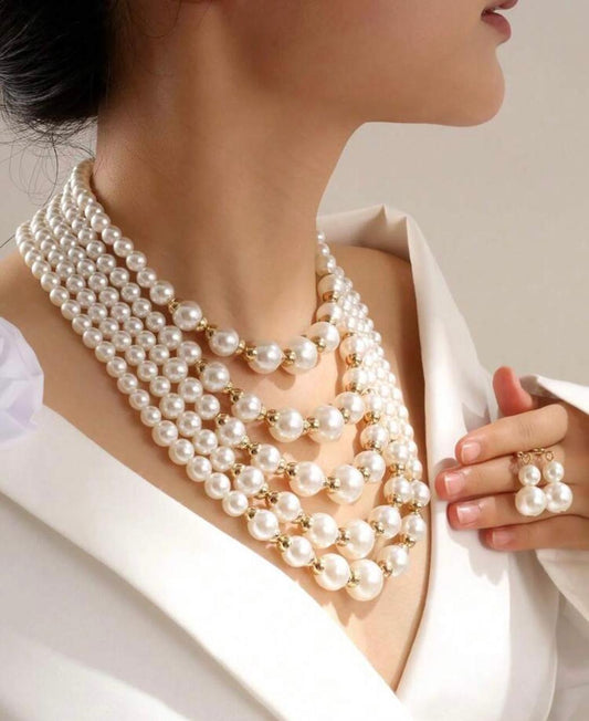 Layered Pearl Necklace And Earring