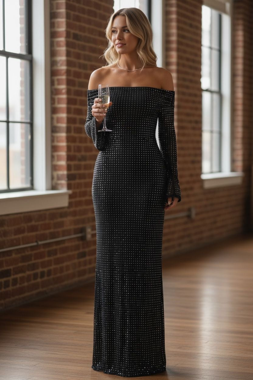 Off Shoulder Maxi Rhinestone Long Sleeve Gown
