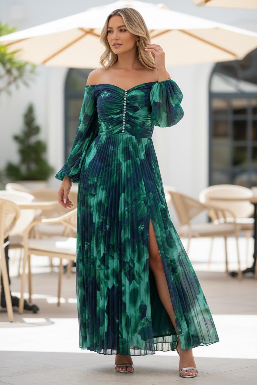 Off Shoulder Floral Pleated Dress