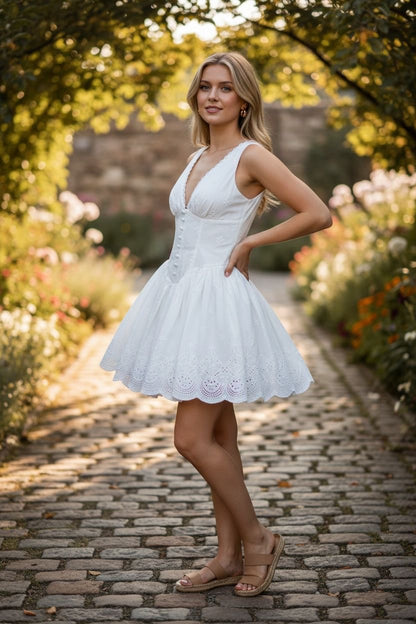 V Neck Eyelet Flair Mini Dress