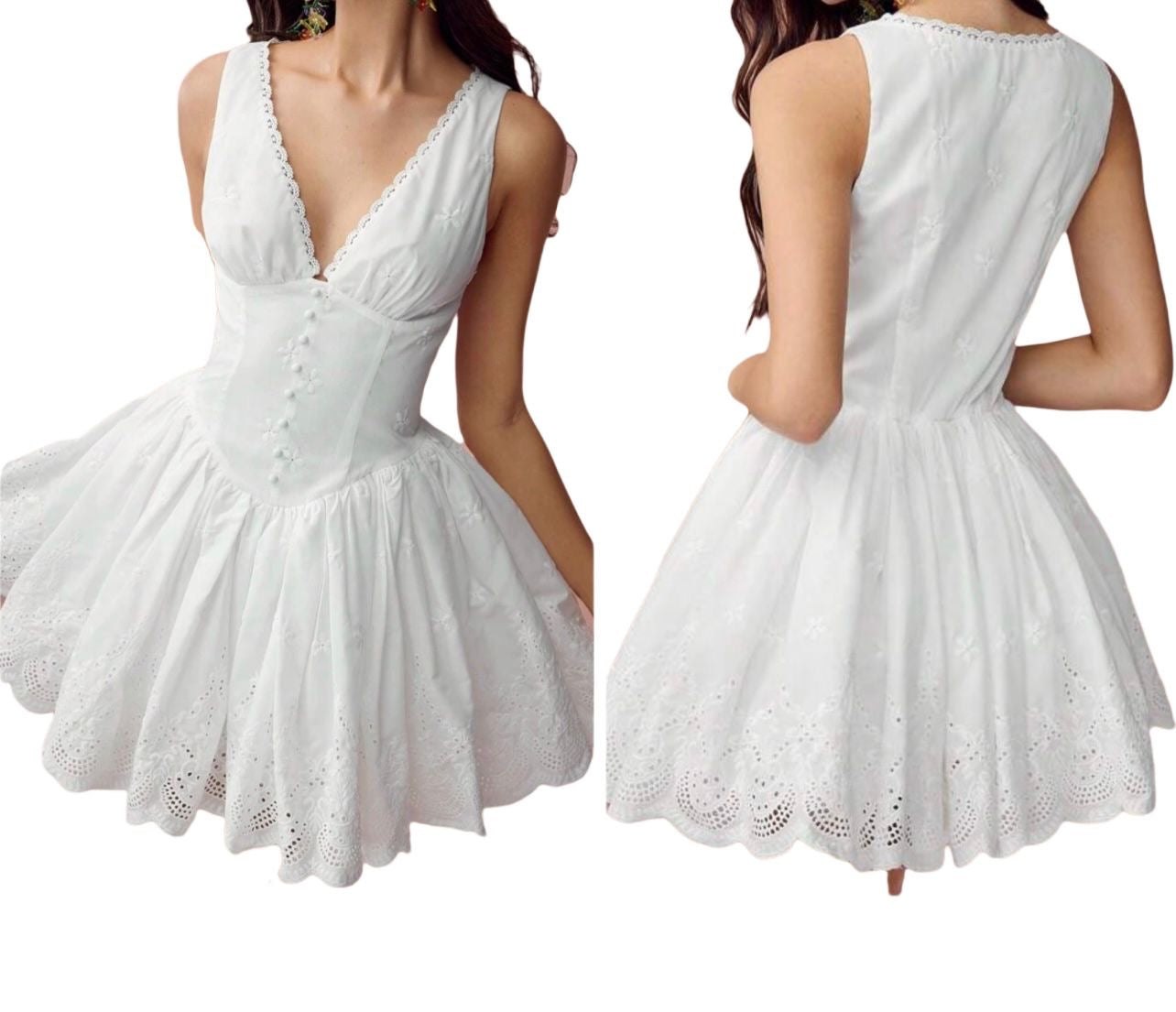 V Neck Eyelet Flair Mini Dress