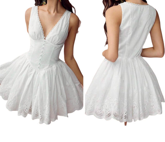 V Neck Eyelet Flair Mini Dress