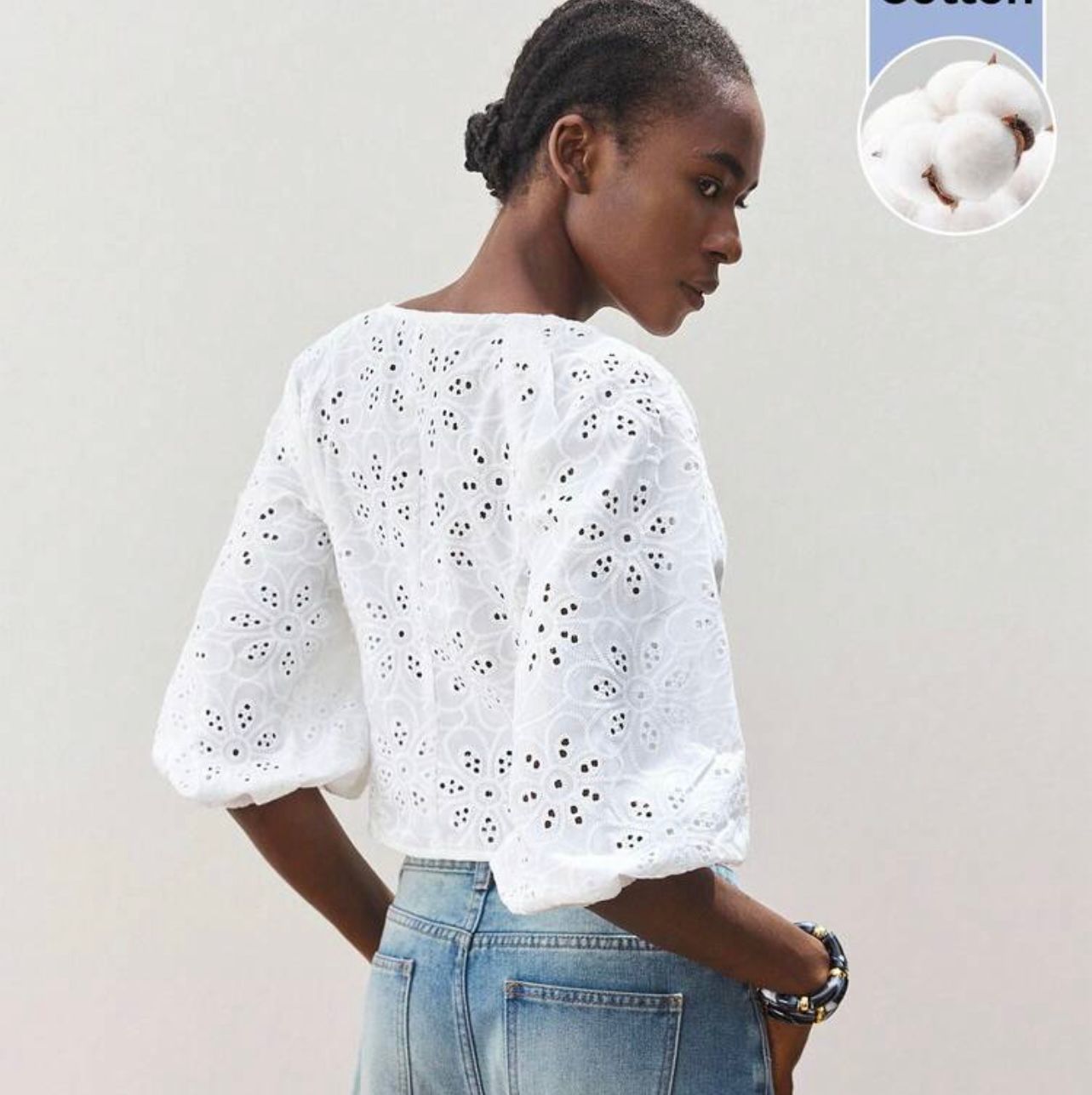 Cotton V cut Eyelet Blouse
