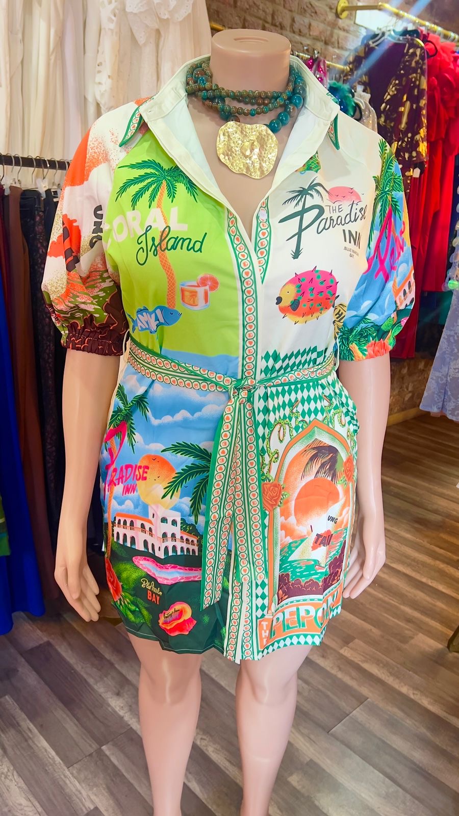 Island Print Shirt Dress With Pockets
