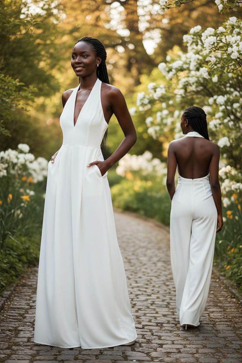 Halter Wide Leg Jumpsuit With Pockets