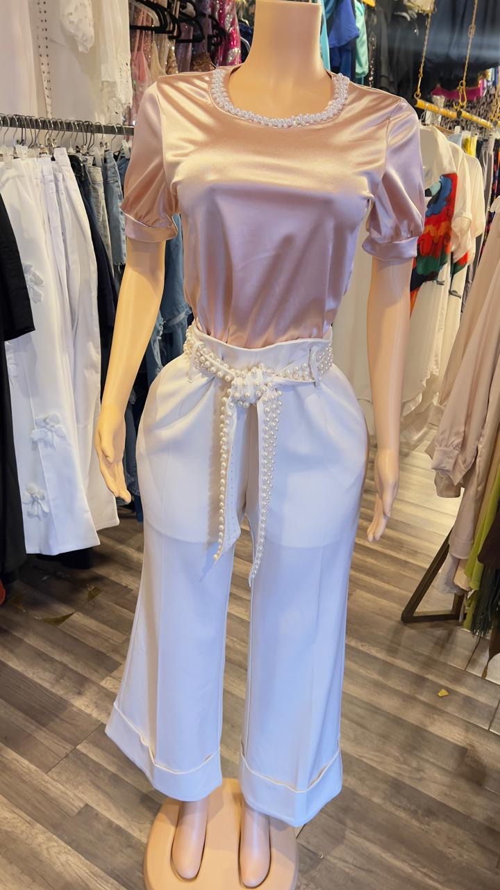 Wide Leg Pearl Pant With Pearl Belt