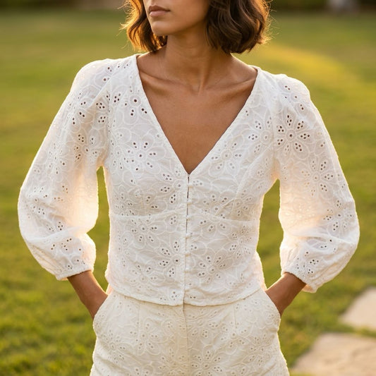 Cotton V cut Eyelet Blouse