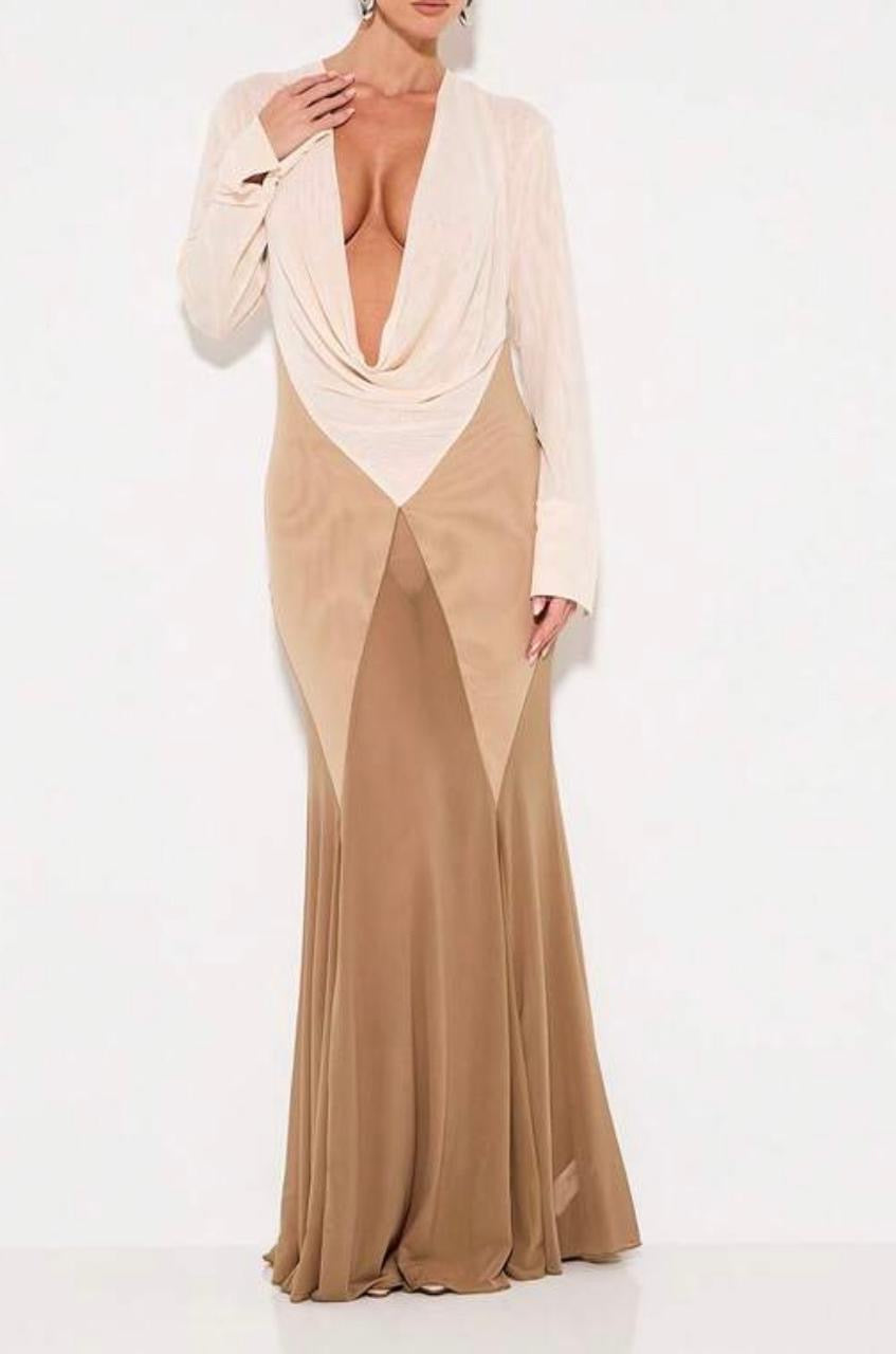 Cowl Neck Sheer Maxi Long Sleeve Dress