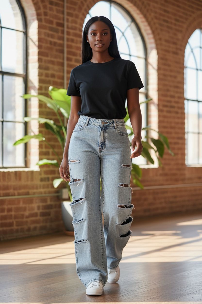 Women Distresses Wide Leg Jeans