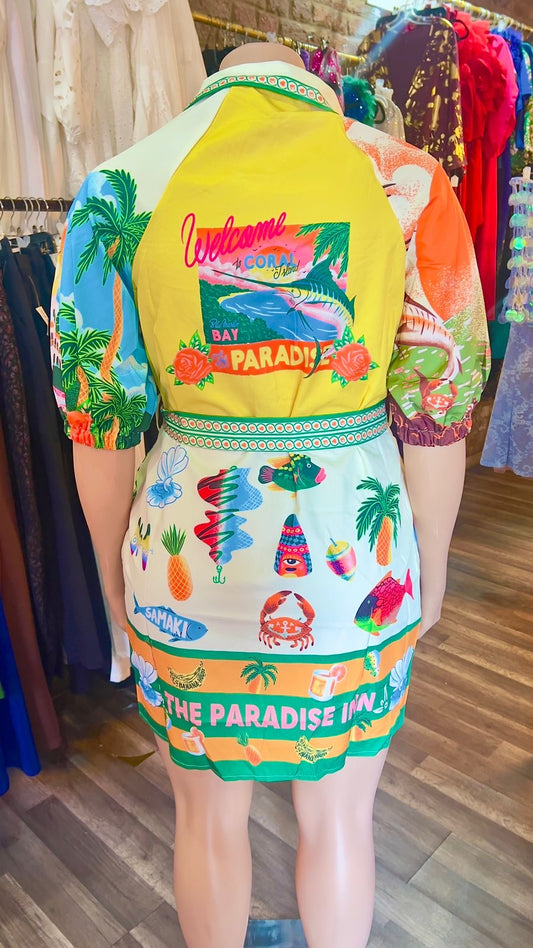 Island Print Shirt Dress With Pockets