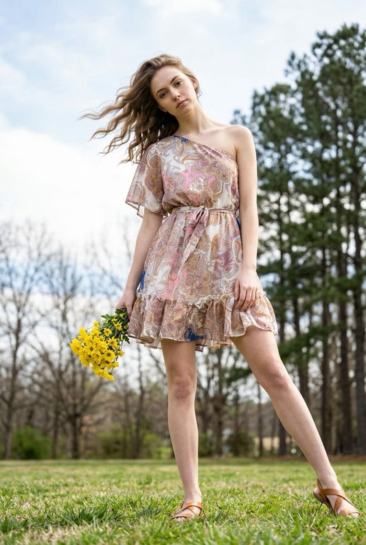 Paisley Print One Shoulder Dress