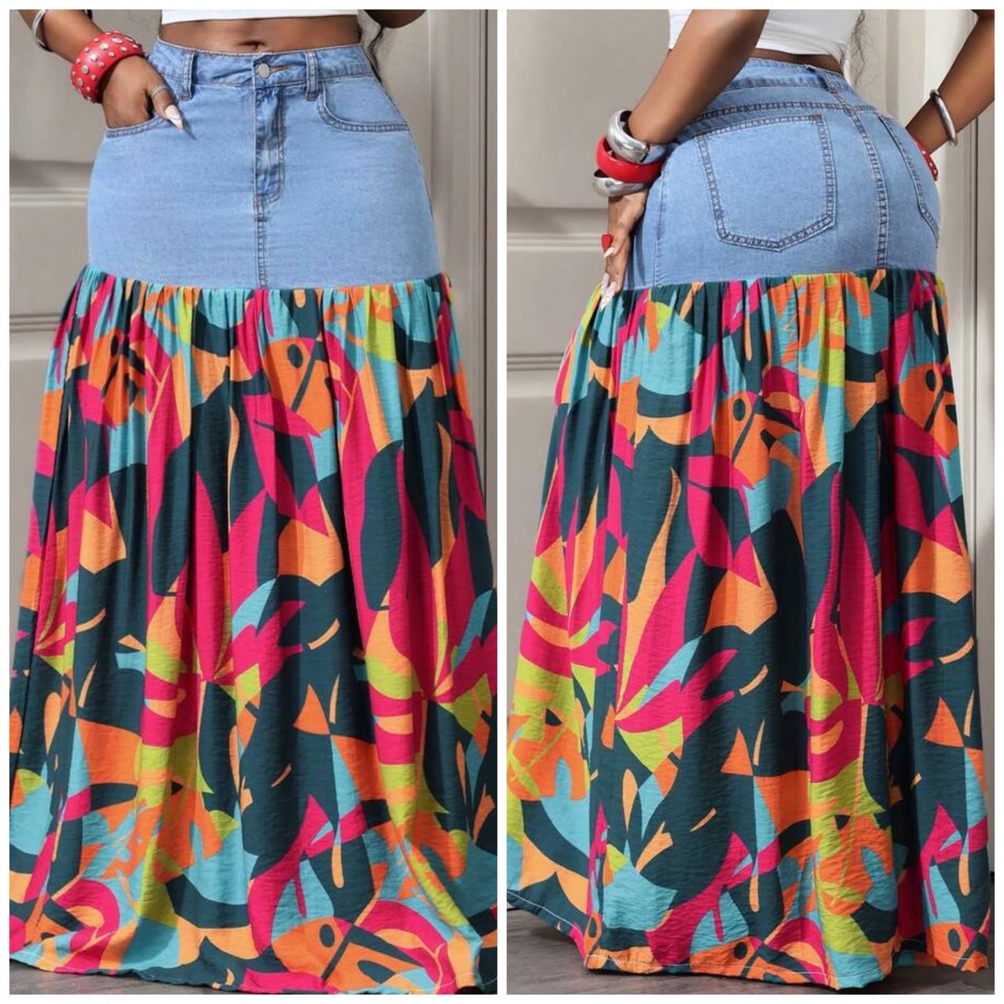 Floral Denim Maxi Skirt