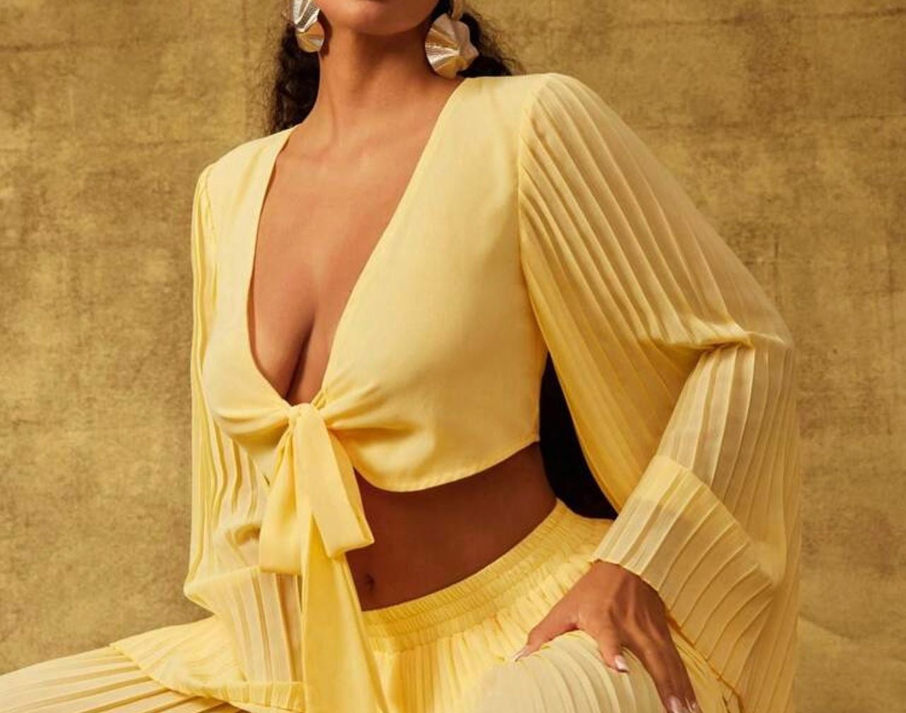 Knot Front Pleated Sleeve Blouse