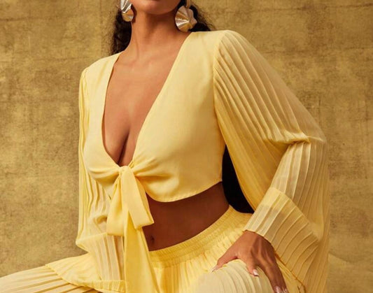 Knot Front Pleated Sleeve Blouse