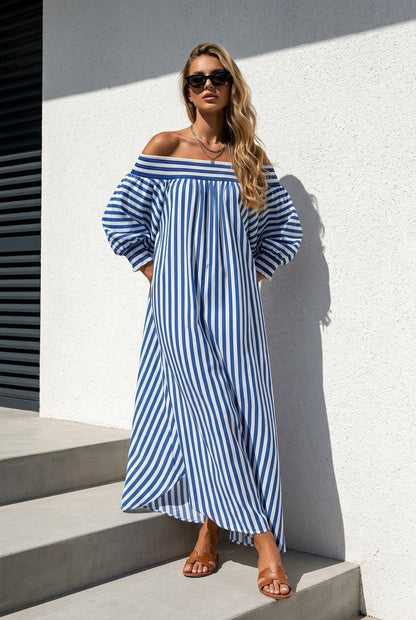 Off Shoulder Pinstripe Dress