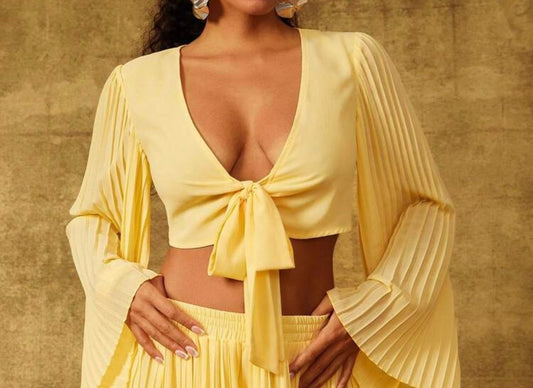 Knot Front Pleated Sleeve Blouse