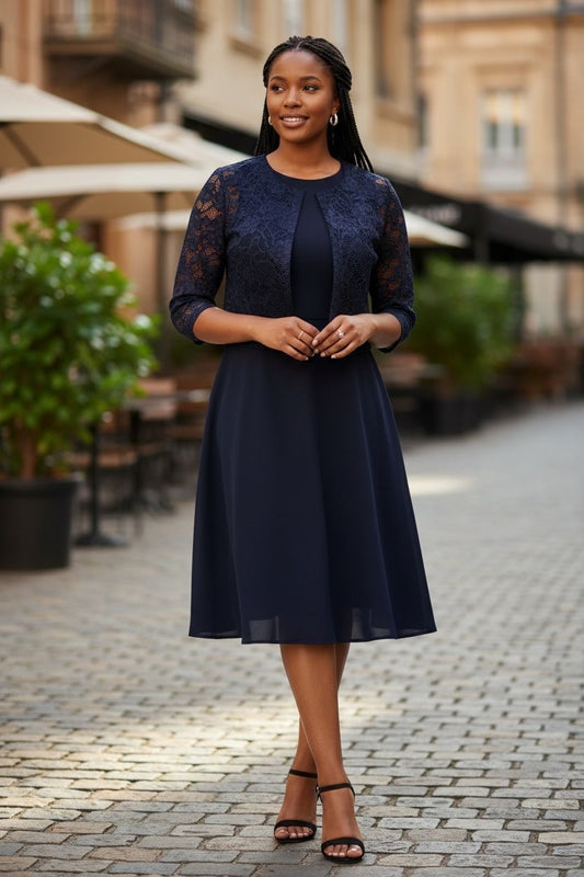 Women Two Piece Dress Set With Lace Bolero