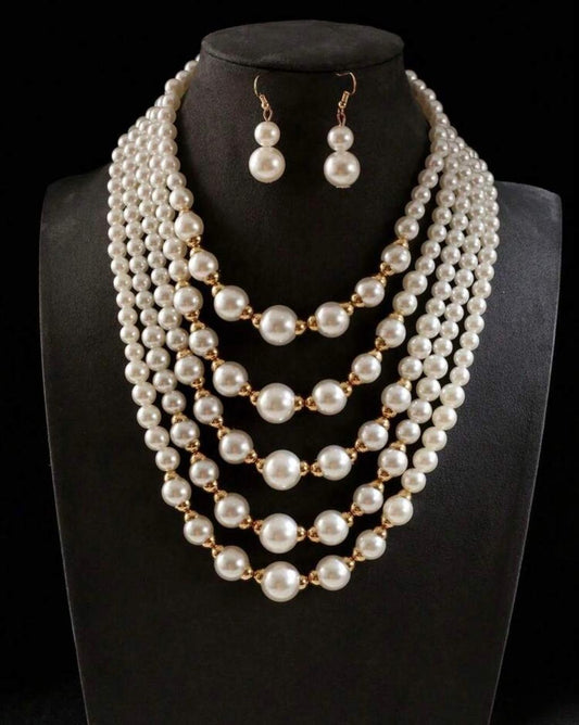 Layered Pearl Necklace And Earring