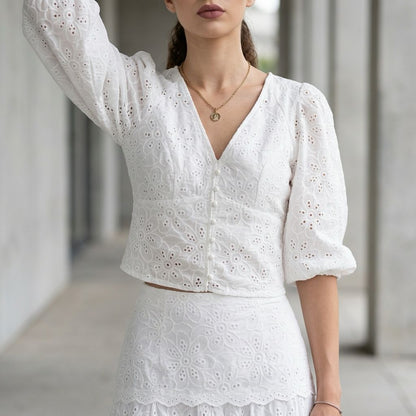 Cotton V cut Eyelet Blouse