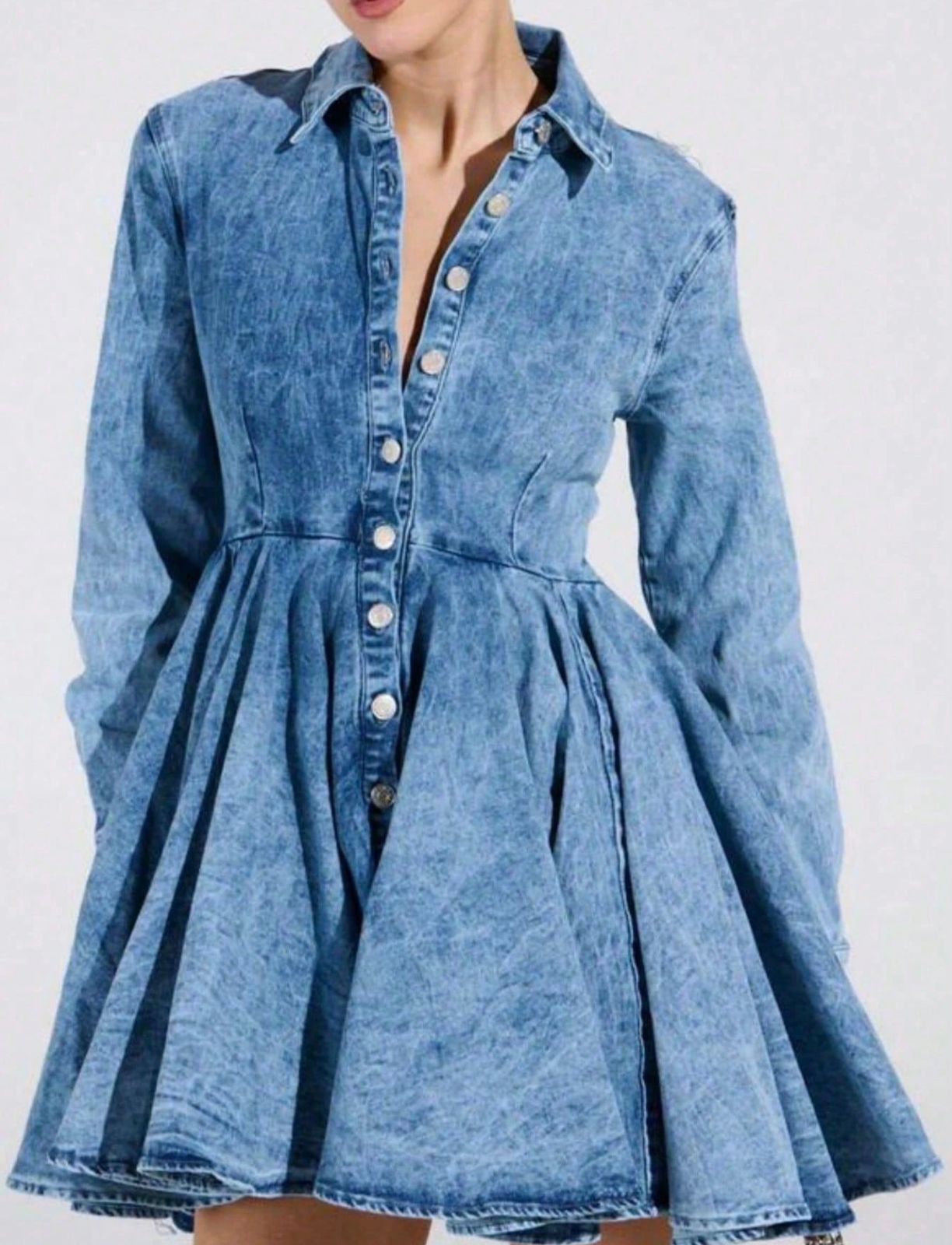 A-line Long Sleeve Denim Flare Dress